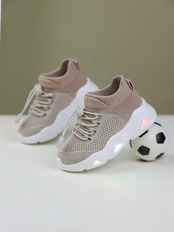 Children's Breathable Fabric Contrast Color Shoes With Elastic Band, Soft & Durable Sole With Flashing Lights Sports Sneakers