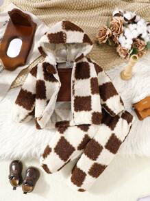 SHEIN Baby Girl Plaid Print Hooded Top With Zipper And Elastic Waist Pants Casual Set, Autumn Winter - Brown - View 1