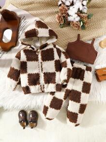 SHEIN Baby Girl Plaid Print Hooded Top With Zipper And Elastic Waist Pants Casual Set, Autumn Winter - Brown - View 3