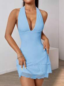 SHEIN EZwear 性感纯色露背网眼吊带连衣裙，夏季