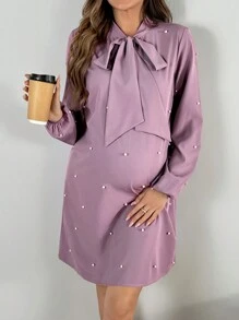 SHEIN Áo dài buộc dây cổ đính cườm thanh lịch dành cho bà bầu cho mùa xuân thu - Màu tím  Violet - Xem 3