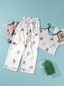 卡通印花吊带背心和长裤睡衣套装，夏季 - 白色 - 查看 1