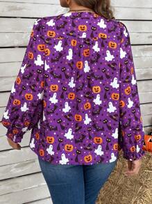 Plus Size Women Pumpkin Print V-Neck Long Sleeve Loose Blouse, Spring/Summer