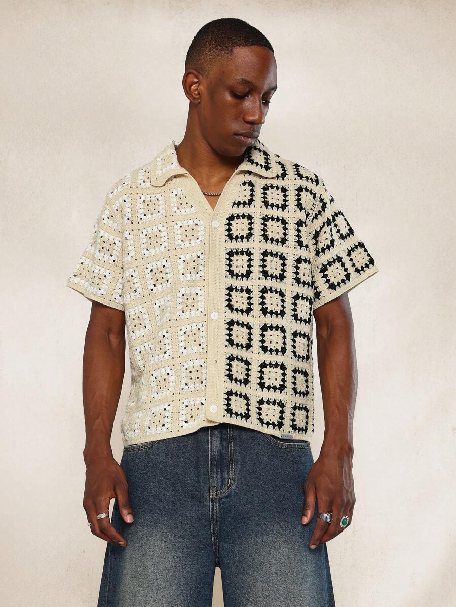 SUMWON Nút vừa vặn quá khổ qua áo sơ mi đan móc màu khối - Nhiều màu - Xem 1