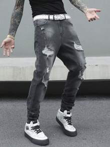 Manfinity EMRG 男式简约前扣多口袋破洞休闲牛仔裤 - 深灰色 - 查看 1