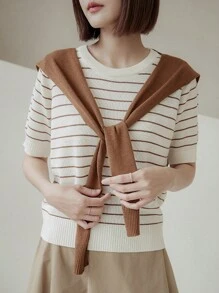 DAZY 女式条纹短袖披肩毛衣秋季 - 棕色 - 查看 1