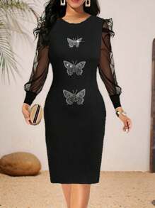 SHEIN Clasi שמלת טלאים עם שרוול ארוך ריינסטון דקור רשת פאנל - שחור - ראה 1
