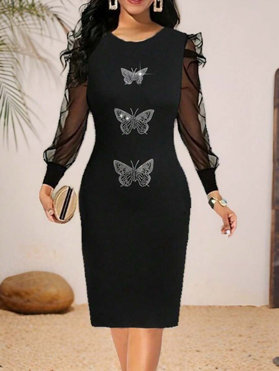 SHEIN Clasi שמלת טלאים עם שרוול ארוך ריינסטון דקור רשת פאנל - שחור - ראה 1