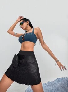 Innovista 女士纯色柔软有弹性褶皱休闲运动裙，飘逸感十足，适合返校、派对、音乐节、网球装 - 黑色 - 查看 10