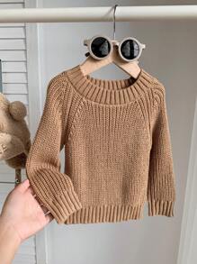 SHEIN Leap Crew Áo len chui đầu cổ tròn phong cách thể thao dễ thương cho bé trai, thích hợp cho mùa xuân, thu và đông, mặc trong nhà và ngoài trời - Màu Khaki - Xem 4