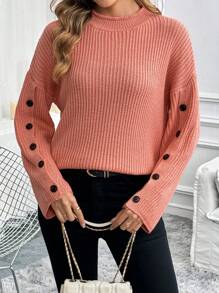 SHEIN LUNE Women's Solid Color Button Decor Stand Collar Long Sleeve Pullover Sweater, Knit Pullover Fall Winter - Pink - View 4