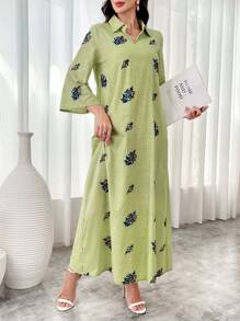 Al Najma Women's Floral Print 3/4 Sleeve Long Collar Arabian Modest Dress