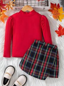 Christmas 2pcs Young Girl Urban Elegant Red Rib Knit High Neck Top And Red-Green Plaid Skort Set,Autumn,Family Matching,Back-To-School Party Outfit - Red - View 3