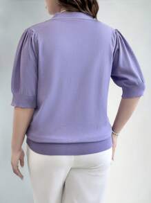 EMERY ROSE Blusa de punto de manga corta abullonada con cuello en V y unicolor, para mujer talla grande, para verano, otoño e invierno - Púrpura malva - Ver 2