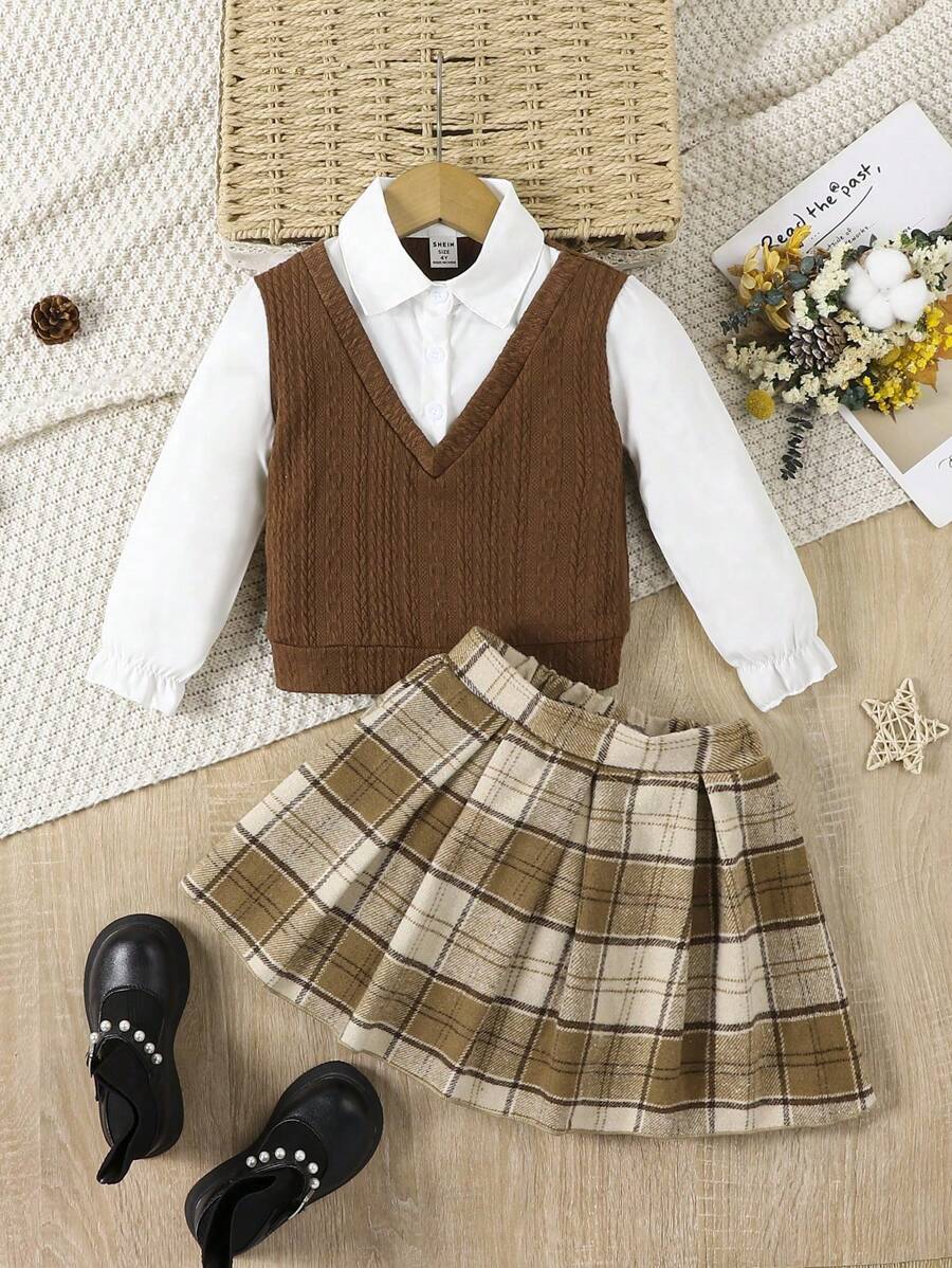 SHEIN Conjunto de 2 piezas para niña joven, estilo universitario con parte superior de manga larga con cuello y falda plisada a-line a cuadros, ropa de otoño - Multicolor - Ver 1
