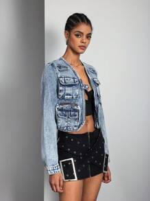 SHEIN ICON Women's Solid Color Minimalist Daily Denim Jacket - Light Wash - View 7