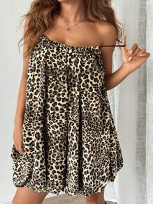 SHEIN EZwear Vestido de verano con volantes y tirantes de mujer con estampado de leopardo en línea A