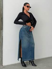 RueChic 100% Cotton MAXI DENIM SKIRT SLIT DETAIL RAW HEM - Medium Wash - View 4