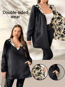 SHEIN Clasi Reversible Windbreaker Jacket, & Print On One Side, Solid Color On The Other Side, Plus Size, Autumn Winter Fall - Camel - View 1