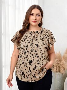 SHEIN Clasi Plus Size Summer Casual All-Over Print Dolman Sleeve Shirt - Khaki - View 4
