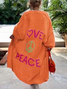 大码女式圆领流行时尚休闲后背字母印花慵懒风中长款毛衣大码开衫 - 橘色 - 查看 1