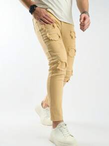 Manfinity Roughcore Men's Solid Color Pocket Design Distressed Hem Casual Denim Jeans - Khaki - View 3
