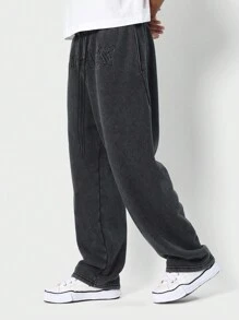 SUMWON Athletic Loose Fit Sweatpants Embroidered Logo Casual Streetwear Drawstring Waist Comfortable Winter Training Pants - Black - View 2