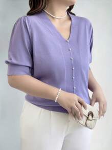 EMERY ROSE Blusa de punto de manga corta abullonada con cuello en V y unicolor, para mujer talla grande, para verano, otoño e invierno - Púrpura malva - Ver 1