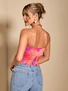 SHEIN BAE 女士时尚不对称下摆拼色露肩上衣 海滩女士可爱上衣 夏季女士上衣 - 粉色 - 查看 2