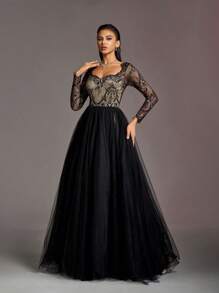 Faeriesty Sweetheart Neck Lace Bodice Contrast Mesh Hem Wedding Dress - Black - View 6