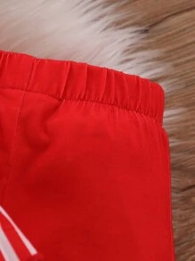 SHEIN Bộ 2 món/Bộ áo tay loe họa tiết sọc ông già Noel cho bé gái & quần ren trơn màu đỏ, trang phục dự tiệc Giáng sinh, phù hợp cho mùa thu/đông, Giáng sinh - Đỏ - Xem 3