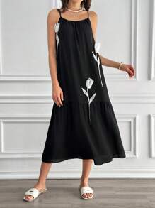 SHEIN LUNE Sleeveless Loose Women's Dress With 3D Rose Flower And Color Blocking Design - Black - View 4