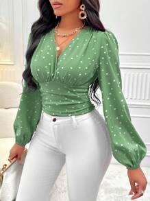 SHEIN Clasi Áo sơ mi thường ngày cổ chữ V dài tay họa tiết trái tim xếp ly (In ngẫu nhiên) - màu xanh lá - Xem 4