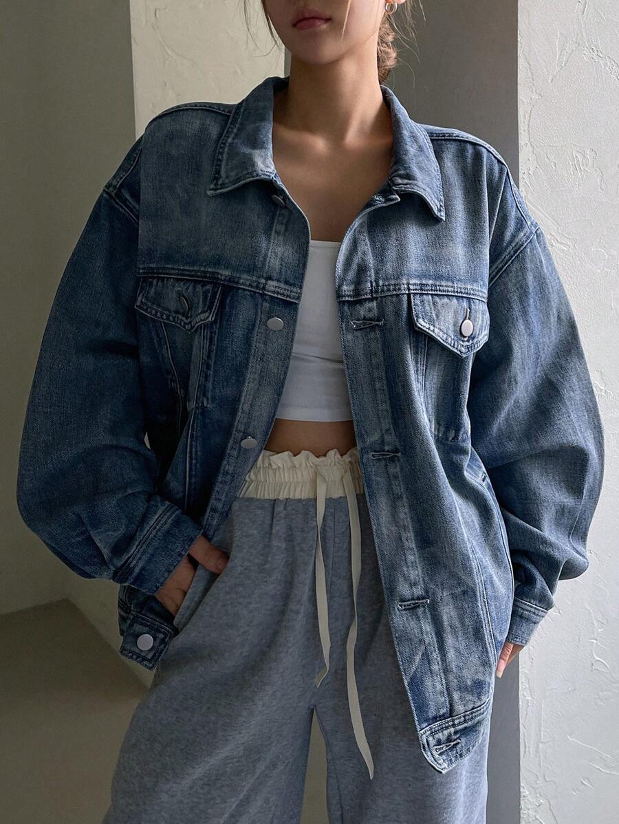 DAZY Áo khoác denim đơn giản có nút cổ gập phía trước có túi dài tay cho nữ, trang phục thường ngày - Rửa trung bình - Xem 1