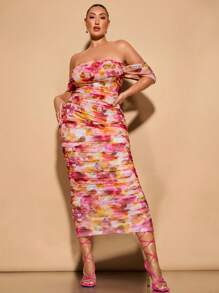 SHEIN BAE Plus Size Women Elegant Floral Print Off Shoulder Sweet Date Ruched Stretch Mesh Midi Dress - Multicolor - View 5