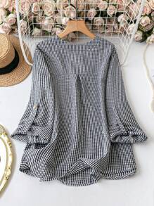 SHEIN LUNE Plus Size Women's Black & White Plaid V-Neck Long Sleeve Blouse Professional Tops Women Tops Plaid Women Shirts Fall Clothes Clothes Business Casual Woman Work Blouse Business Blouse