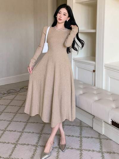Women's Casual Solid Color Waist Cinched Sweater Dress, Spring/Autumn ,New Year Eve,Fall Women Clothes Prom Dress