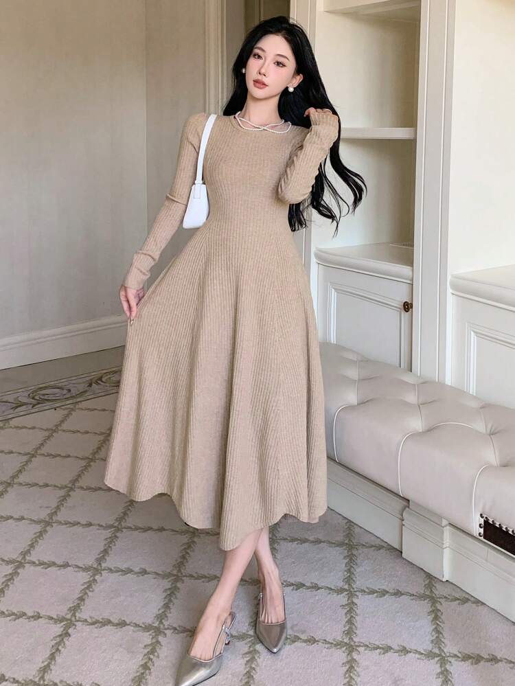 Women's Casual Solid Color Waist Cinched Sweater Dress, Spring/Autumn ,New Year Eve,Fall Women Clothes Prom Dress