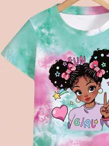 SHEIN 2pcs Girls Casual Stylish Cute Cartoon Contrast Color Blue Rabbit Pattern Letter Print T-Shirt And Shorts Set Sibling Outfits Matching Outfits (2 Sets Pieces Are Sold Separately), School, Campus, College Summer Holiday - Multicolor - View 5