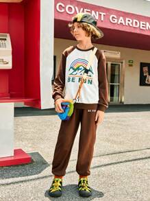 SHEIN 2pcs/Set Tween Boys Color Block Letter Print Casual Pullover And Pants Outfits, Suitable For Outdoor Daily Wear In Fall