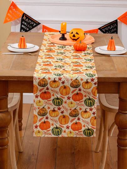 1pc Halloween Pumpkin Printed Table Runner, Thanksgiving Decoration For Living Room Dining Room,Fall Decor,Autumn Decor,Room Decor