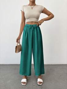 SHEIN PETITE Quần nữ thường ngày màu trơn Petite Cottnline Knot - Màu xanh lá cây đậm - Xem 7
