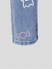 Young Girls' Simple Casual Halloween Cute Print Uneven Waistband Loose Straight Leg Jeans - Medium Wash - View 7