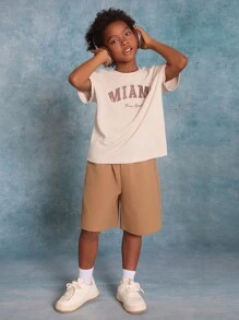 SHEIN Tween Boy Knitted Letter Printed Drop Shoulder Short Sleeve T-Shirt With Slanted Pockets And Drawstring Shorts Set - Camel - View 8