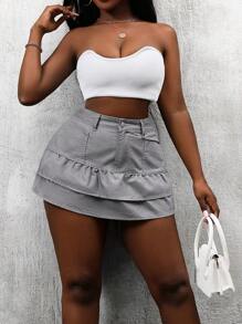 SHEIN Slayr Falda gris de mezclilla con volantes en el bajo para mujer - Gris - Ver 4