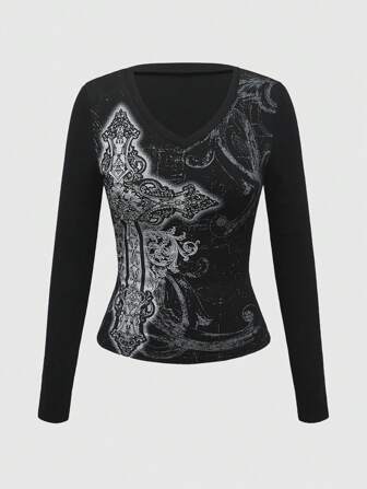 Goth Camiseta casual de manga larga con estampado cruzado para mujer, primavera/otoño