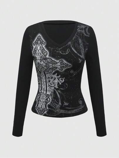 Goth Women's Spring/Autumn Casual Cross Print Long Sleeve T-Shirt