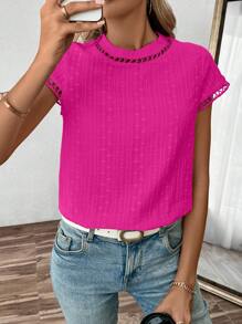Breezaya Women's Summer Solid Color Hollow Round Neck Cap Sleeve Blouse - Hot Pink - View 3