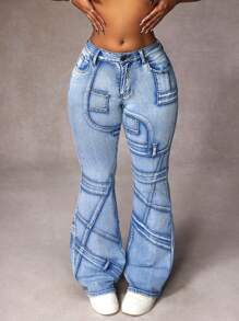 SHEIN ICON Calça Denim Feminina com Babado e Bolsos, Casual e Versátil - Azul - Visão 5