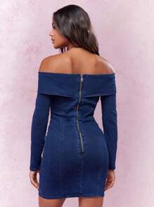 MISSGUIDED Zip Back Closure Off-Shoulder Long Sleeves Bodycon Mini Bardot Dress - Blue - View 2